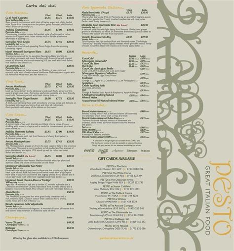 Online Menu of Pesto At The Peacock Restaurant, Alfreton, United ...