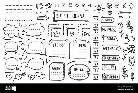 Bullet journal, doodle diary elements or page stickers and vector memo note reminders. Bullet ...