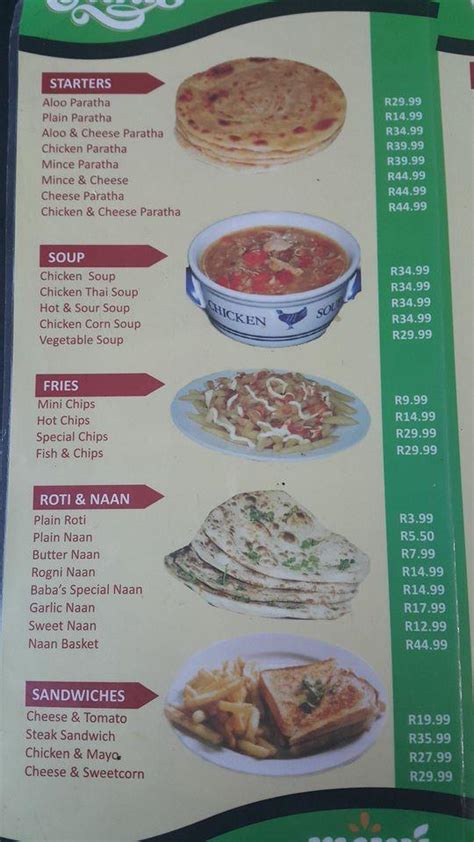 Menu at Baba's Takeaway restaurant, Durban