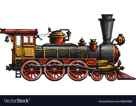 Vintage steam locomotive. Drawn ancient train, transport. Vector ...