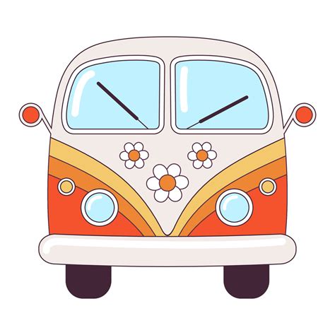 Hippie vintage orange car a mini van retro bus 1960s, 60s, 70s. Groovy Psychedelic cartoon ...