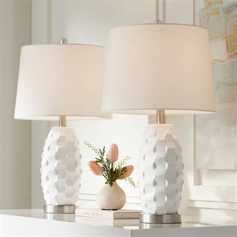 360 Lighting Modern Coastal Accent Table Lamps Set of 2 LED Scalloped White Ceramic Drum Shade ...