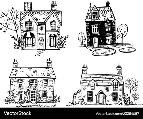 Set of pretty english cottages drawing Royalty Free Vector