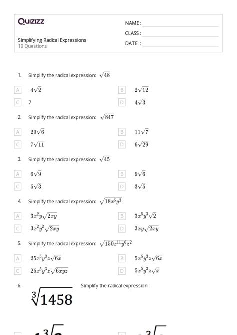 50+ Radical Expressions worksheets for 10th Class on Quizizz | Free ...