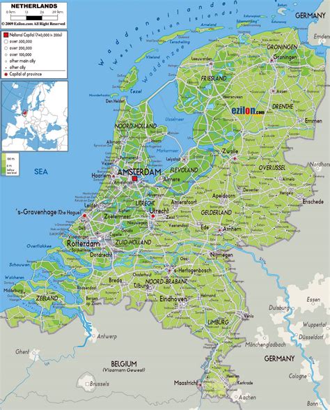 Large physical map of Netherlands with roads, cities and airports ...