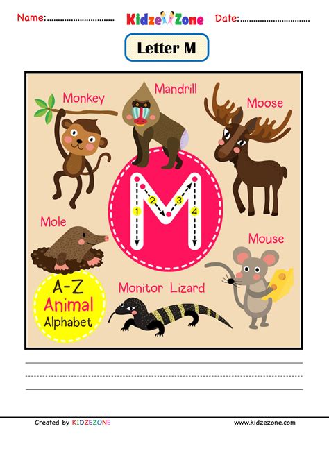 Kindergarten Letter M Animal Picture Cards Worksheet