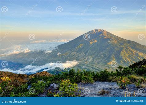 Fantastic View of Merbabu Mountain at Sunrise from Merapi Volcano. Central Java, Indonesia Stock ...