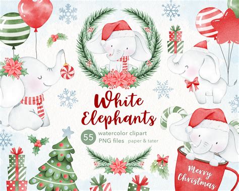 Watercolor White Elephants Christmas Clipart Cute Xmas - Etsy