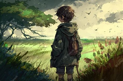 Premium Photo | Digital art of a lonely boy from an anime fantasy ...