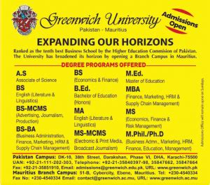 Greenwich University Karachi Admissions 2022 Form, Courses