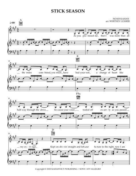 Stick Season (arr. Whitney Lussier) by Noah Kahan Sheet Music for Piano, Vocal & Guitar Chords ...