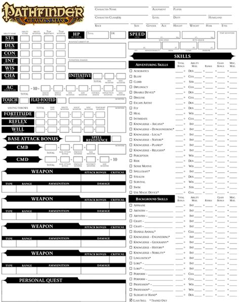 Onepage Form Fillable Character Sheet Pathfinder Printable Forms Free 48438 | Hot Sex Picture