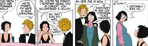 a comic strip with two women talking to each other and one man wearing a tuxedo