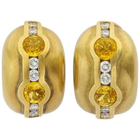 1997 Barry Kieselstein Cord Yellow and White Diamond Gold Ear Clips For ...