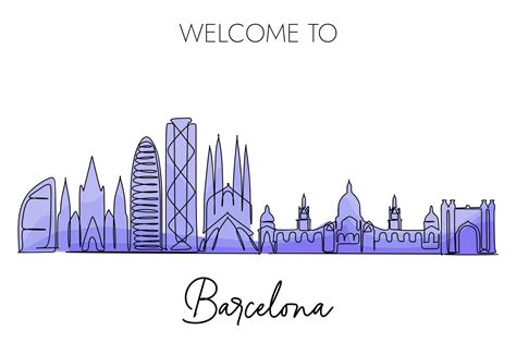 Barcelona skyline one continuous line drawing on white background, Hand ...