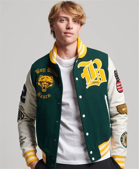 Men's - College Varsity Patch Bomber Jacket in Enamel Green | Superdry IE