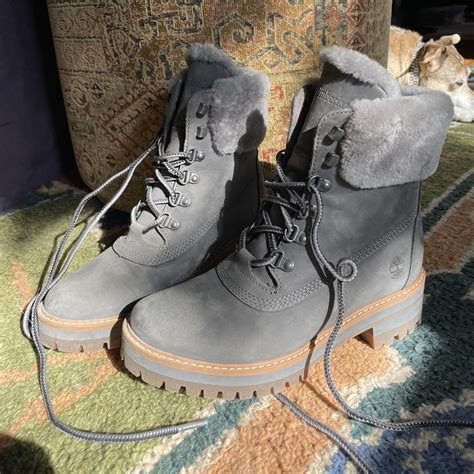 Grey fur timberland boots, worn 2 times, perfect... - Depop