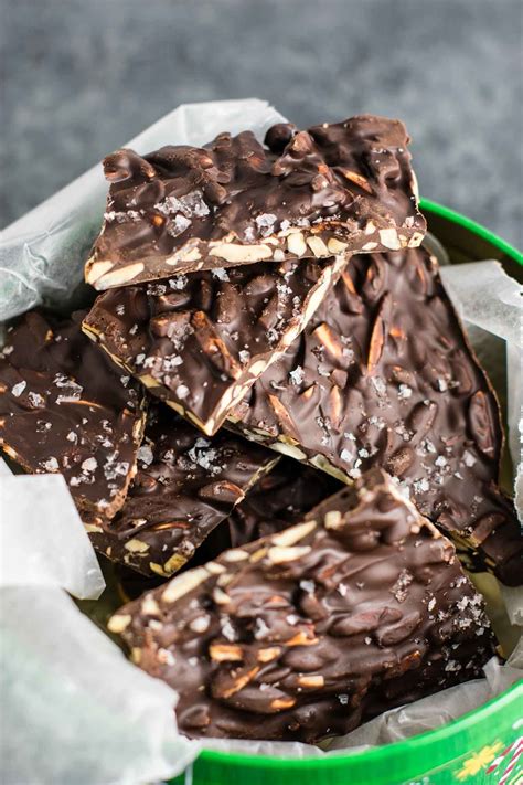 Dark Chocolate Almond bark with sea salt. A seriously addictive + easy to make dessert! (just 5 ...