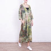 baggy green linen maxi dress plus size v neck gown vintage side open caftans