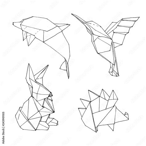 Set of origami animal shape geometric illustration. Hand drawn set of 4 origami figures isolated ...