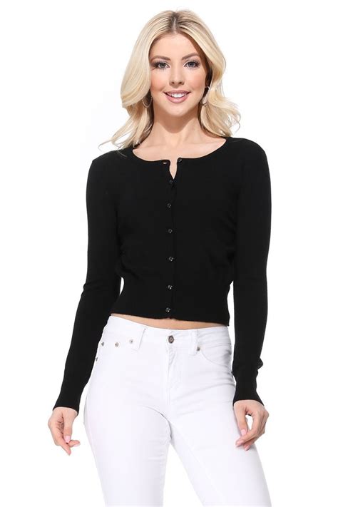 Yemak - YEMAK Women's Long Sleeve Crewneck Cropped Button Down Cardigan Sweater MK5502-Black-M ...