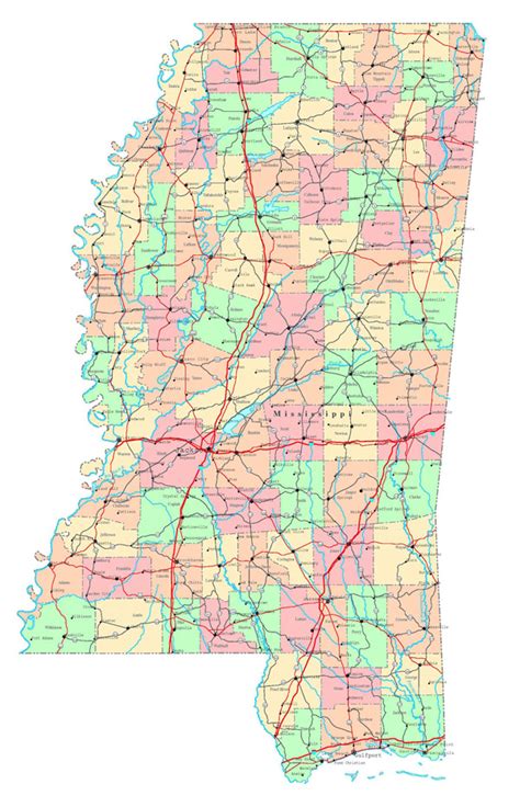 Large detailed administrative map of Mississippi state with roads ...