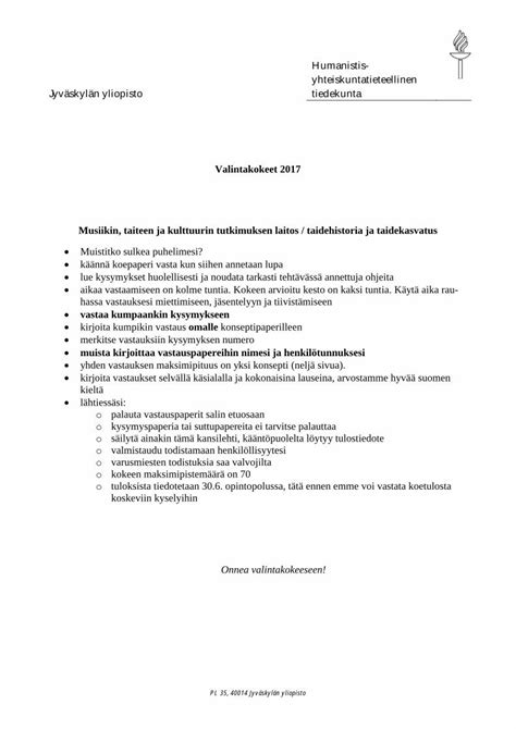 (PDF) Valintakokeet 2017 Musiikin, taiteen ja kulttuurin ... · Jyväskylän yliopisto Humanistis ...