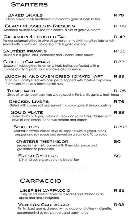 Baia Seafood Restaurant Menu, Menu for Baia Seafood Restaurant, V & A Waterfront, Cape Town ...