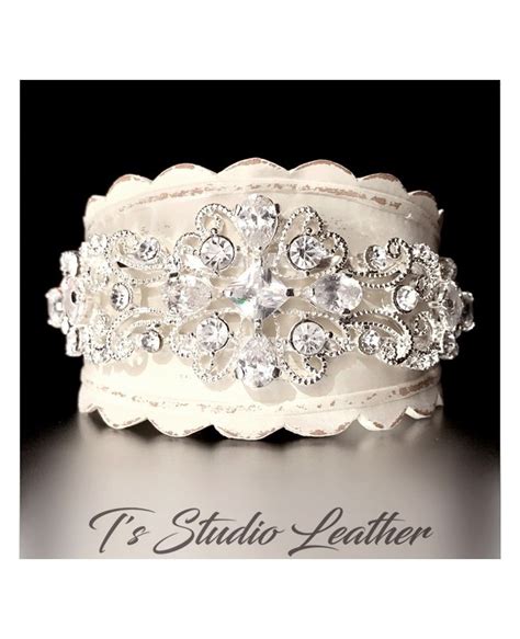 Rhinestone Leather Rustic Wedding Ivory Bridal Cuff Bracelet Wristband