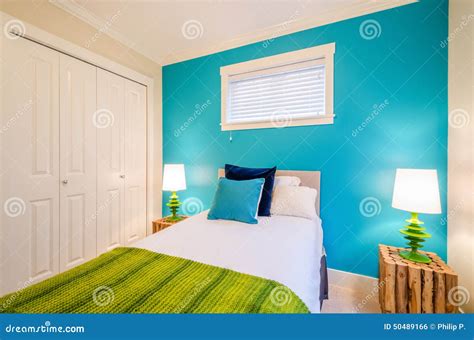 Cozy Blue and Green Bedroom. Interior Design. Stock Photo - Image of designer, light: 50489166