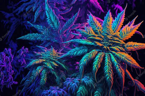 Fondo fluorescente alucinógeno de plantas de cannabis de colores surrealistas | Foto Premium