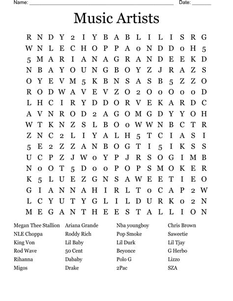 Music Artists Word Search - WordMint