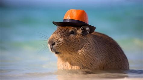 Premium AI Image | Cute capybara in orange hat resting on shore of sea ...