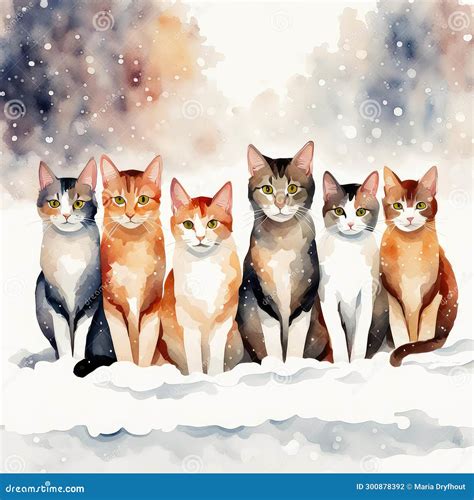 Watercolor Cats Sitting in Snow Stock Illustration - Illustration of gray, snow: 300878392