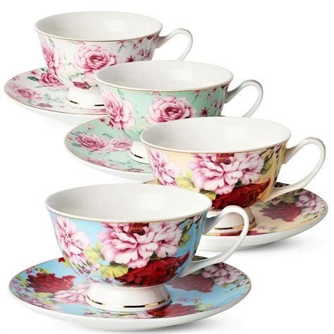 Tea / Coffee Cups and Saucers, Set of 4 (8 piece, 4 cups and 4 saucers ...