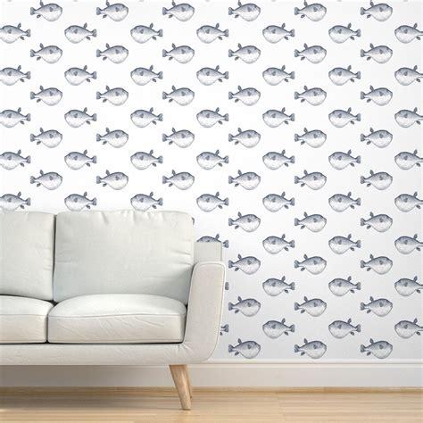 Blowfish Wallpaper Navy Blowfish Blow Fish White by Jenlats - Etsy