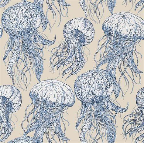 JELLYFISH BLOOM - BLUE & BEIGE - Natty & Polly - Wallpaper Australia