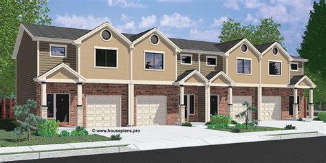 House front color elevation view for F-570 Fourplex house plans, 3 bedroom fourplex plans, 2 ...