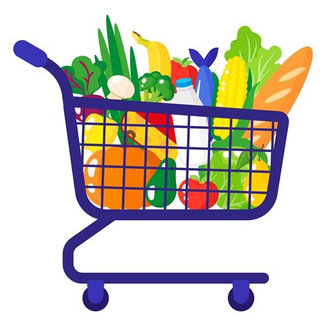 Vector cartoon illustration of supermarket grocery cart with healthy ...