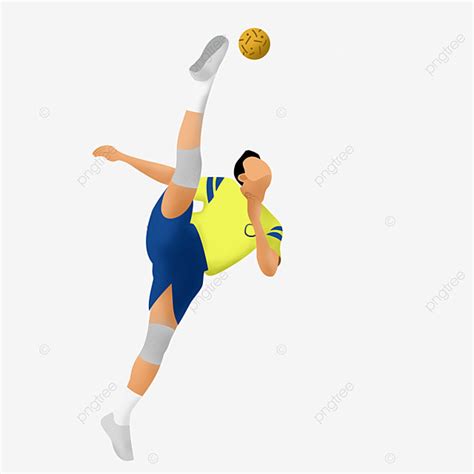 a man in blue shorts and yellow shirt kicking a soccer ball with his ...