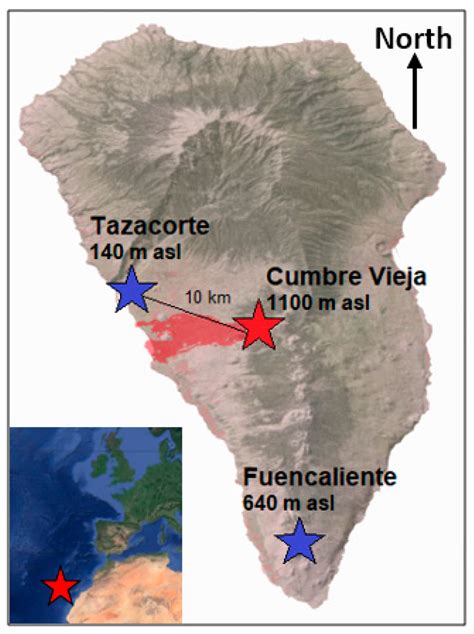 Geographical position of Cumbre Vieja volcano and Tazacorte site in La ...