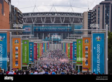 London, United Kingdom. 11th July 2021. England football fans gather outside Wembley Stadium ...