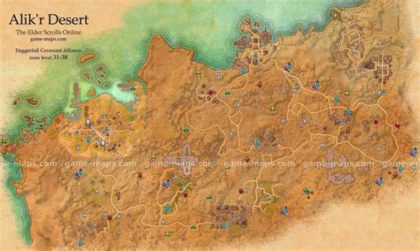 Alik'r Desert zone map. Sentinel. Southern part of Daggerfall Covenant Alliance territory. Sandy ...