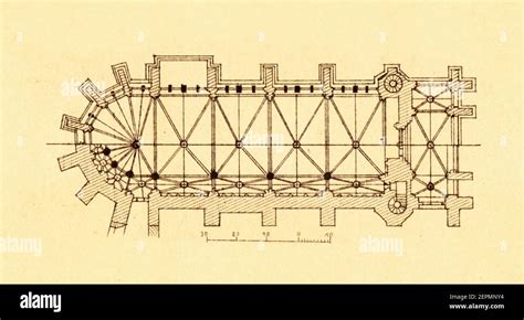 Antique illustration depicting floor plan of Sainte-Chapelle in Paris, France. Engraving ...