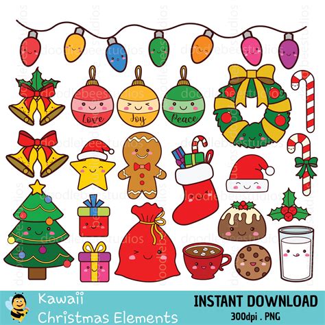 Kawaii Christmas Clipart, Cute Christmas Clip Art, Gingerbread Man, Santa Sack, Christmas ...