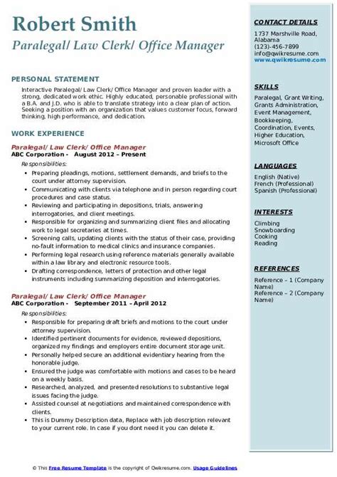 Law Clerk Resume Samples | QwikResume