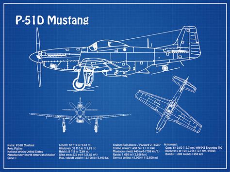 P-51D Mustang - Airplane Blueprint. Drawing Plans Outline for North American P-51D Mustang ...