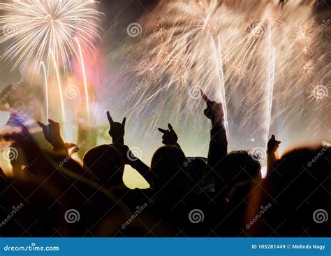 New Year Concept - Cheering Crowd and Fireworks Editorial Stock Image - Image of celebration ...