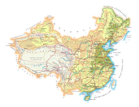 Large elevation map of China with roads, cities and airports | China | Asia | Mapsland | Maps of ...