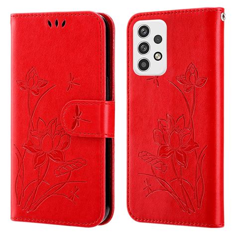 For Samsung Galaxy A23 5G Lotus Embossed Leather Phone Case (Red ...